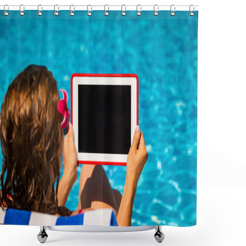 Personality  Woman Holding Tablet PC Shower Curtains