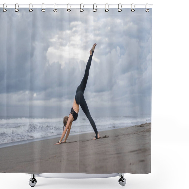 Personality  Sporty Young Woman Practicing Yoga In One Legged Downward-Facing Dog Pose (Eka Pada Adho Mukha Svanasana) On Seashore Shower Curtains