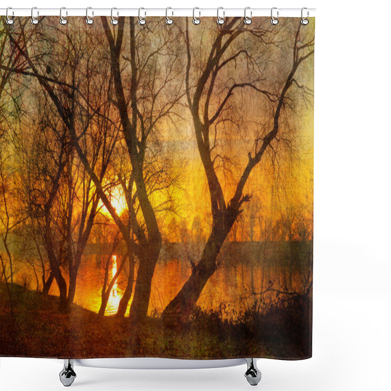 Personality  Art Grunge Landscape Showing Sunrise Over The River On Beautiful Autumn Day Shower Curtains