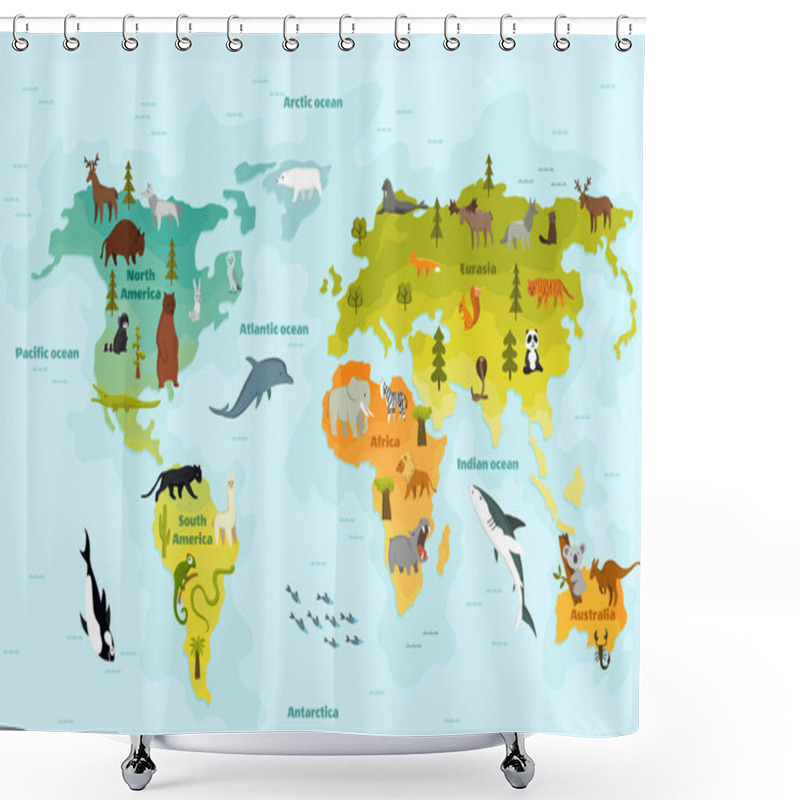 Personality  World Map With Different Animal. Funny Cartoon Banner For Children With The Continents, Oceans And Lot Of Funny Animals. Materials For Kids Preschool Education Shower Curtains