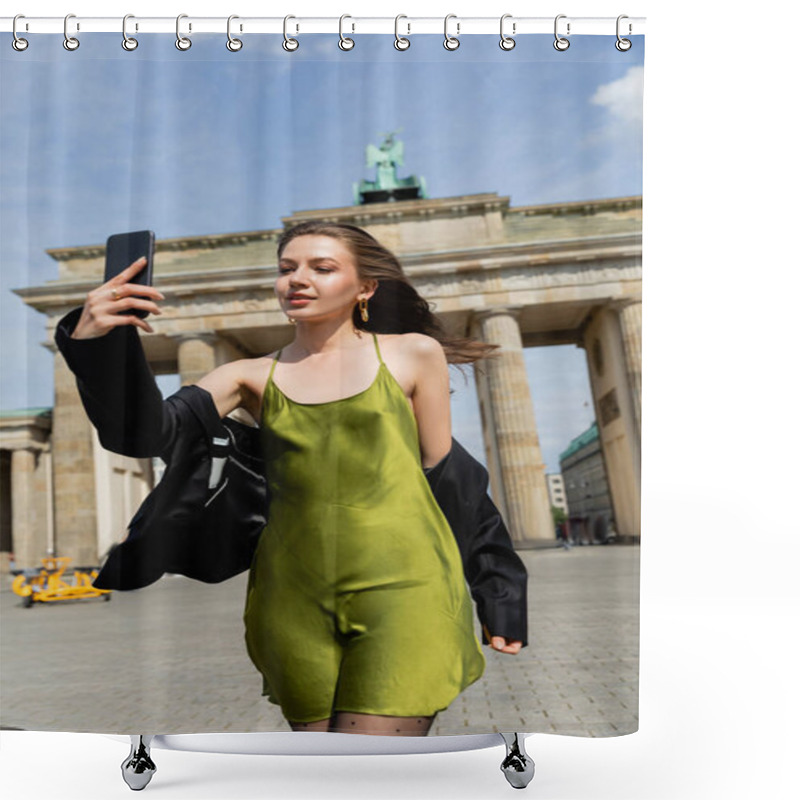 Personality  Fashionable Woman In Jacket And Silk Dress Taking Selfie Near Brandenburg Gate In Berlin Shower Curtains