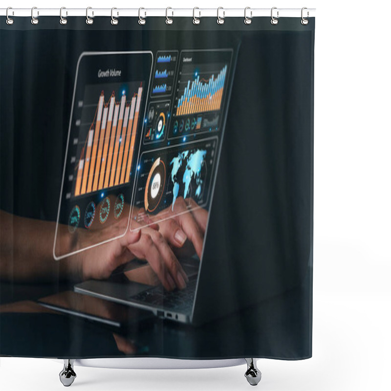 Personality  Businessman Evaluating His Industry Marketing, Financial Organization Planning, Enterprise Data Management.Business Analytics Utilizing Charts, Metrics, And KPIs To Improve Organizational Performance. Shower Curtains