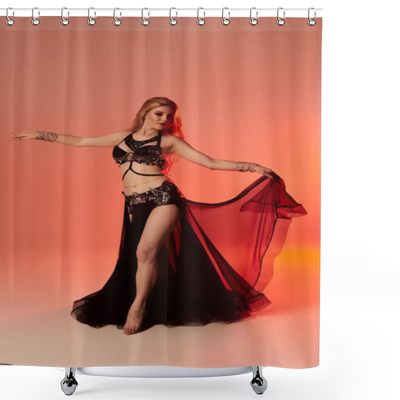 Personality  Elegantly Dressed Woman Performs A Captivating Belly Dance. Shower Curtains