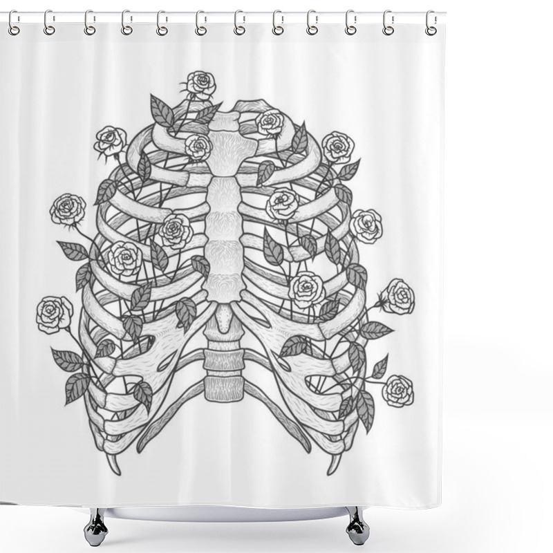 Personality  Illustration Of Human Rib Cage With Roses. Line Art Style. Boho Vector Shower Curtains