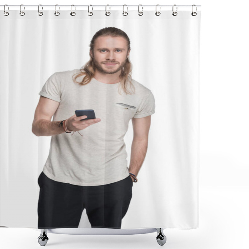 Personality  Man Using Smartphone Shower Curtains