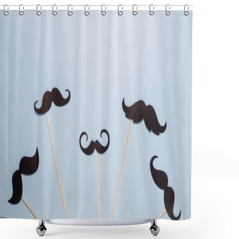 Personality  Flat Lay Of Different Kinds Of Paper Mustaches Against Blue Background Shower Curtains