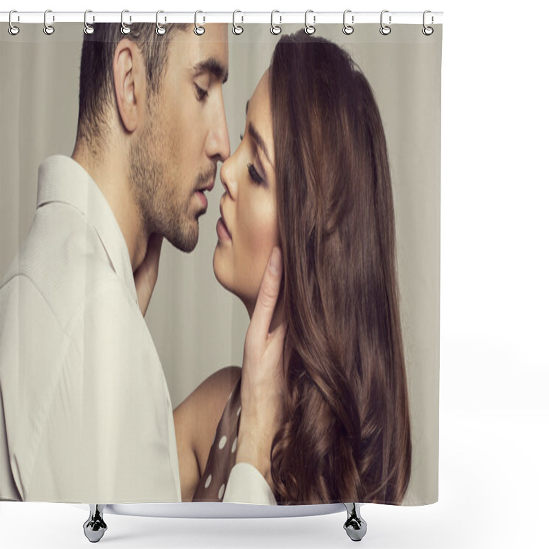 Personality  Portrait Of Romantic Couple Touching And Kissing Each Other Shower Curtains