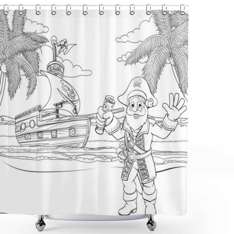 Personality  A Cartoon Pirate On A Beach Holding A Treasure Map With His Ship In The Background Childrens Coloring Page Illustration Shower Curtains