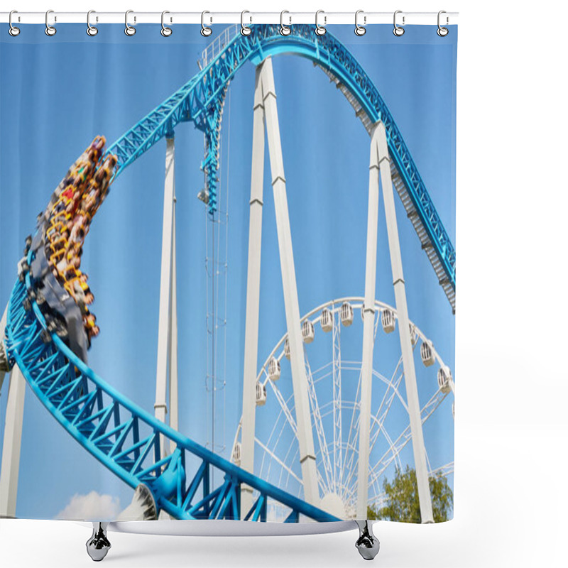 Personality  Tall Roller Coaster Ride With Trolley Going Down Fast In Blurred Motion Against Clear Blue Sky Shower Curtains