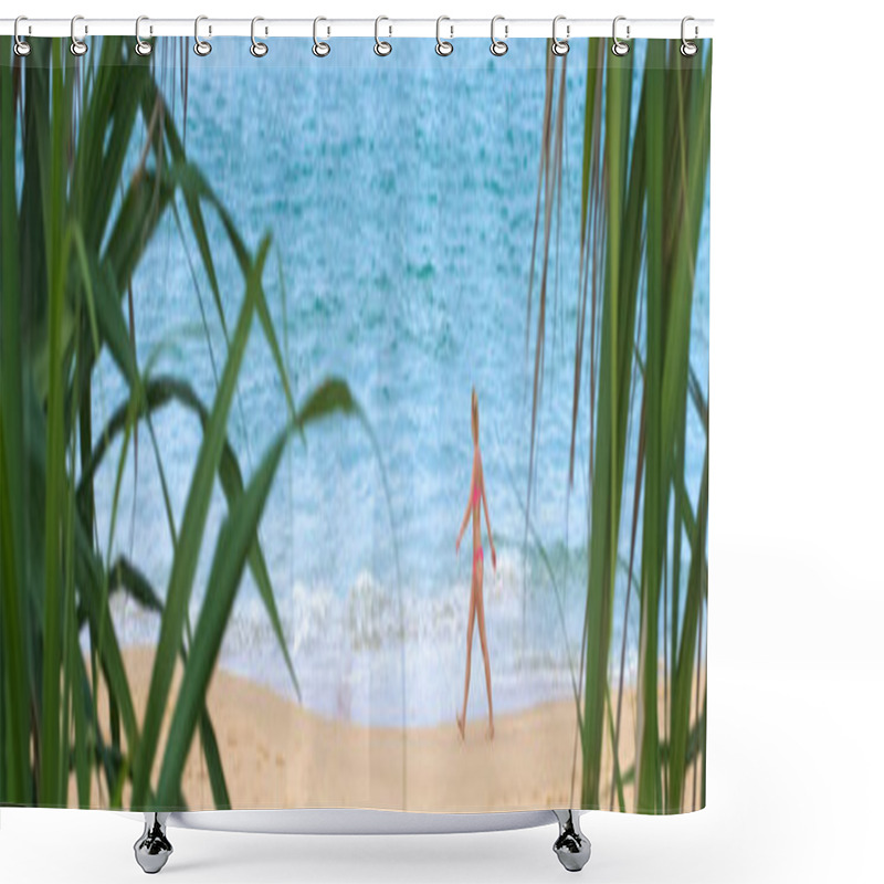 Personality  One Beautiful Woman Walking  On The Tropical Beach. Young Lady Tourist Walking Along Tropical Sandy Beach With Palm Trees. Shower Curtains