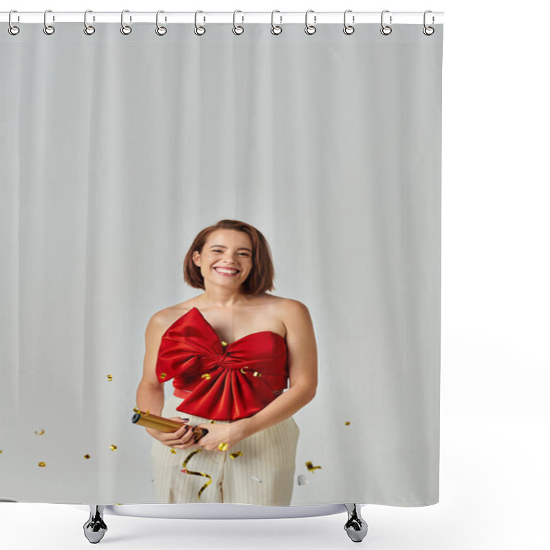 Personality  Merry Christmas, Happy Young Woman In Trendy Attire Clapping Festive Confetti On Grey Backdrop Shower Curtains