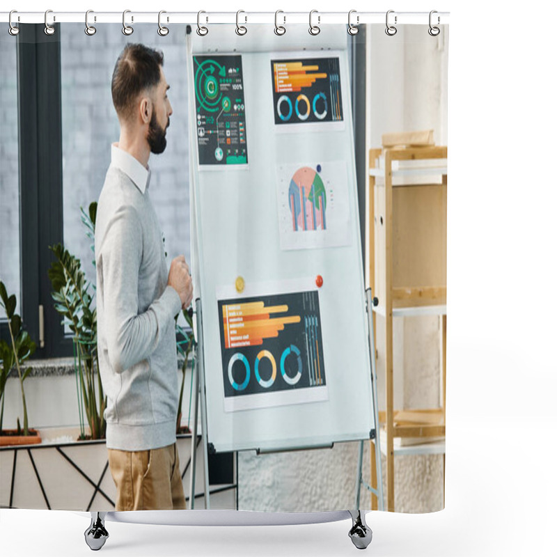 Personality  A Man In Office Attire Standing In Front Of A Whiteboard, Actively Presenting Ideas During A Corporate Meeting. Shower Curtains