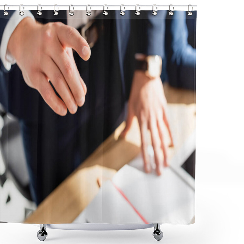 Personality  Cropped View Politician Pointing With Finger, While Leaning On Table Near Notebook On Blurred Background Shower Curtains