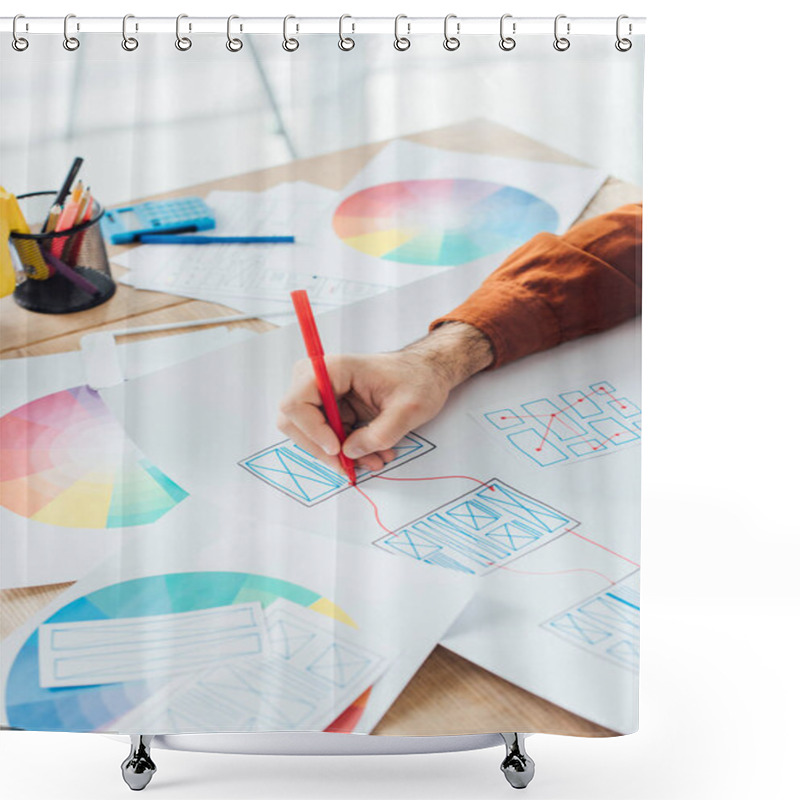 Personality  Cropped View Of Designer With Marker Developing User Experience Design With Templates And Color Circle On Table Shower Curtains