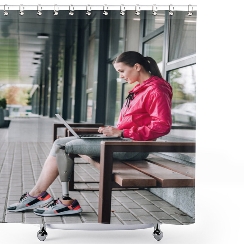 Personality  Side View Of Disabled Sportswoman Sitting On Bench And Using Laptop On Street Shower Curtains