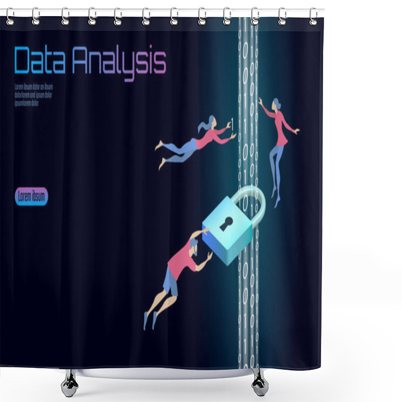 Personality  Secure Data Analysis Processing Business Concept. Personal Information Safety Isometric Cartoon Padlock Binary Code Flow. People Man Work Problem Solving. Web Banner Background Vector Illustration Shower Curtains