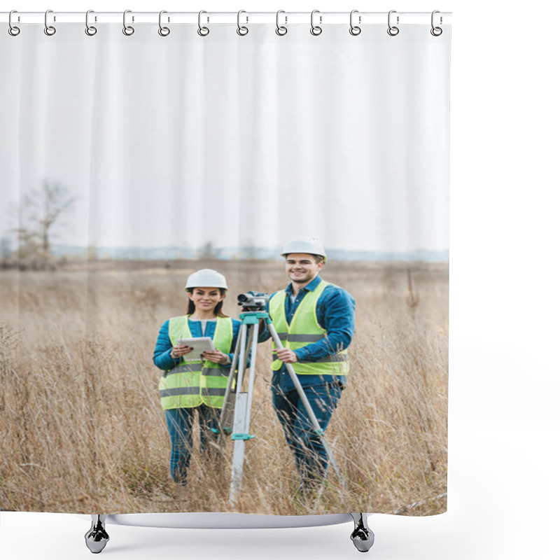 Personality  Surveyors With Digital Level And Tablet Smiling At Camera In Field Shower Curtains