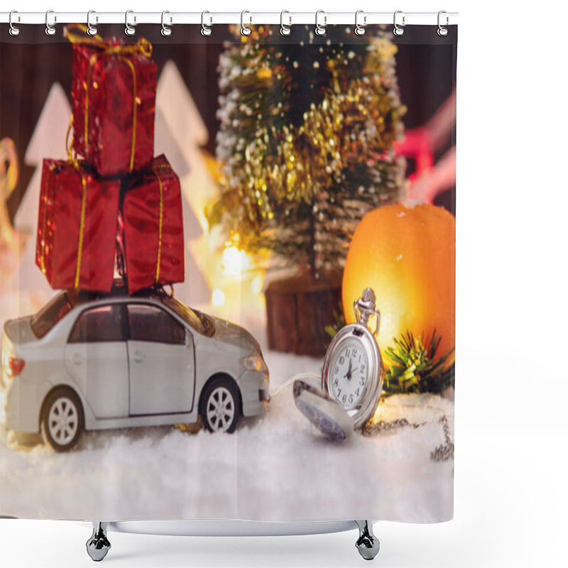 Personality  Pocket Watch In The Snow With A Car And Gifts On The Eve Of Holidays. Concept Waiting For The Magic Of Christmas And New Year Shower Curtains