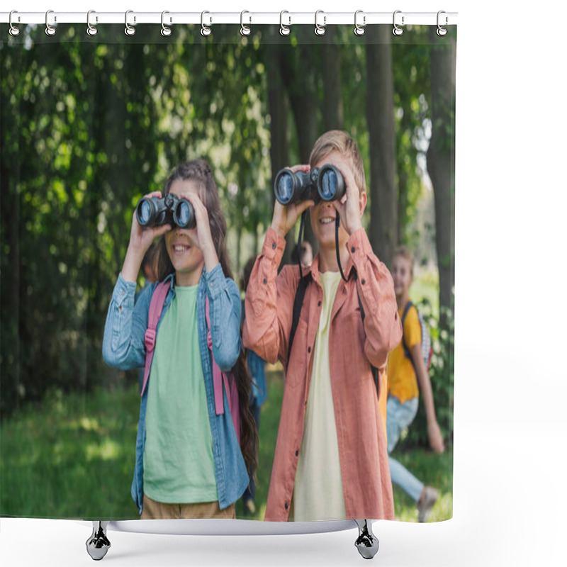 Personality  Selective Focus Of Happy Kids Looking Through Binoculars In Park  Shower Curtains