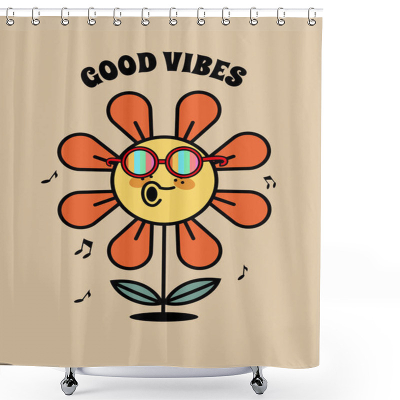 Personality  Vector Cartoon Retro Daisy Flower In Rainbow Glasses In Groovy Style. Shower Curtains