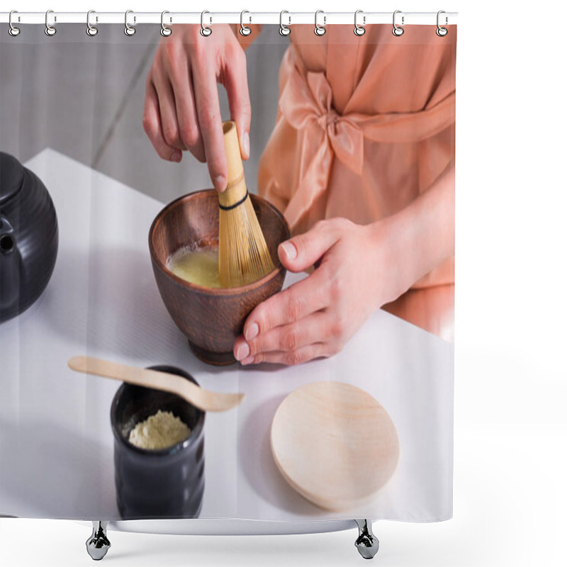 Personality  Partial View Of Woman Having Tea Ceremony In Morning At Home Shower Curtains