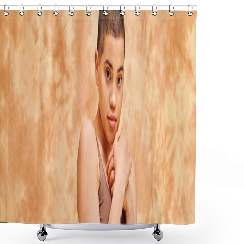 Personality  Body Positivity, Sensual And Tattooed Woman In Crop Top Posing On Mottled Beige Background, Looking At Camera, Representation Of Body, Different Body Shapes, Generation Z, Youth, Banner  Shower Curtains