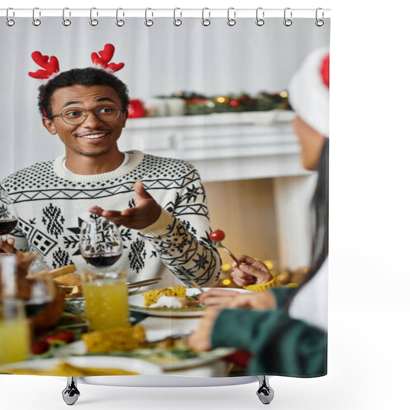 Personality  A Cheerful Group Enjoys A Christmas Feast, Sharing Stories, Laughter, And Holiday Spirit Together. Shower Curtains