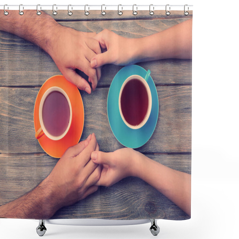 Personality  Tea Cups And Holding Hands At The Wooden Table Shower Curtains