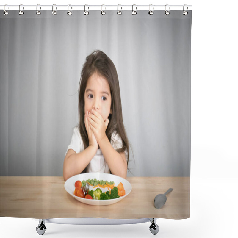 Personality  Nutrition & Healthy Eating Habits For Kids Concept. Children Do Not Like To Eat Vegetables. Little Cute Kid Half Race Girl Refuse To Eat Healthy Vegetables. Shower Curtains