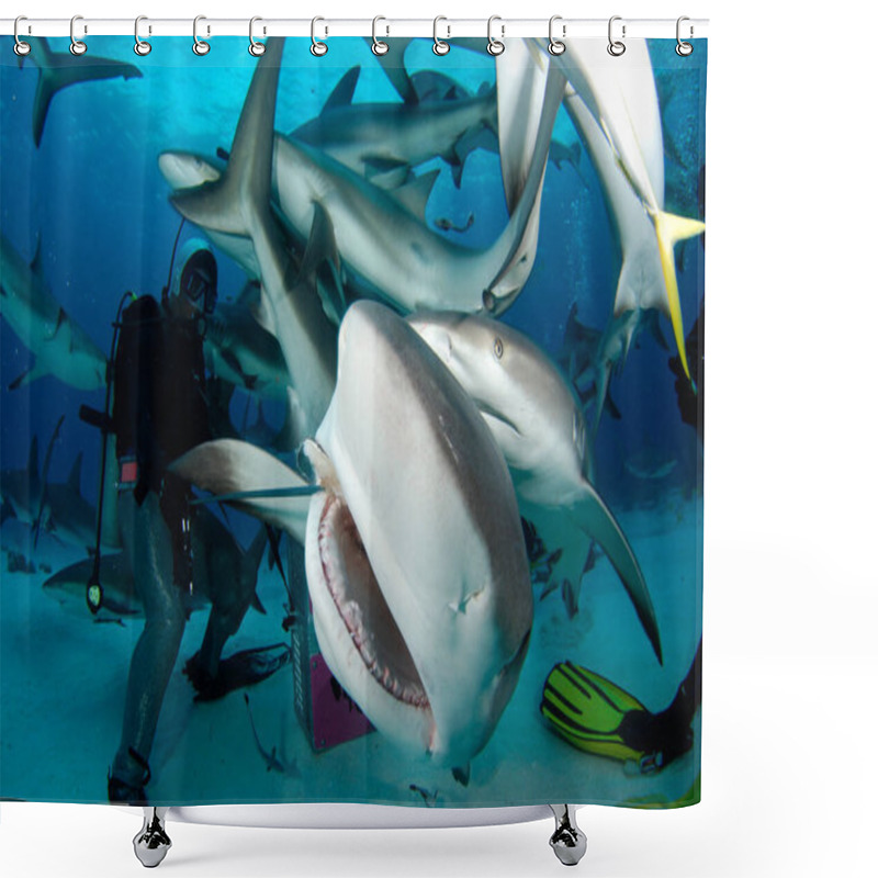 Personality  Divers Surrounded By Sharks In The Ocean Shower Curtains