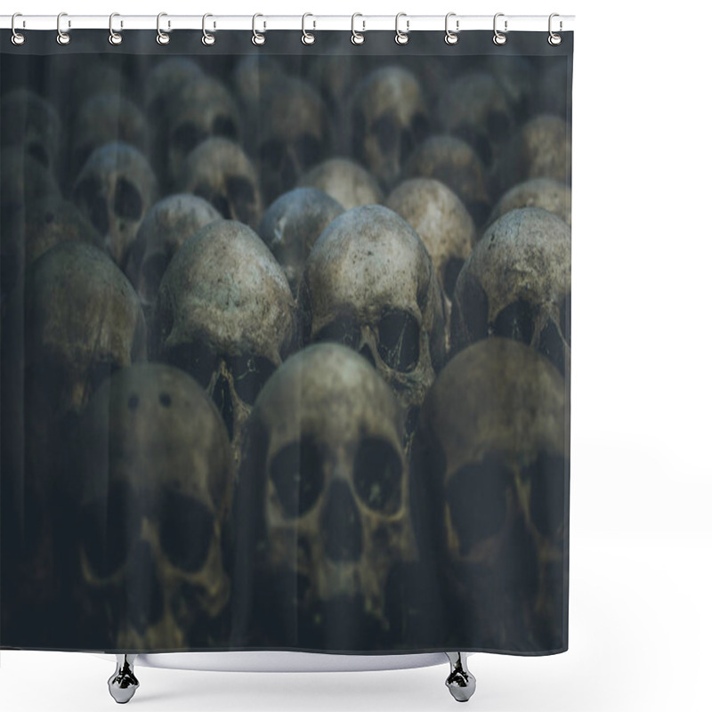 Personality  Collection Of Skulls Covered With Spider Web And Dust In The Catacombs. Rows Of Creepy Skulls In The Dark. Abstract Concept Symbolizing Death, Terror, And Evil. Shower Curtains