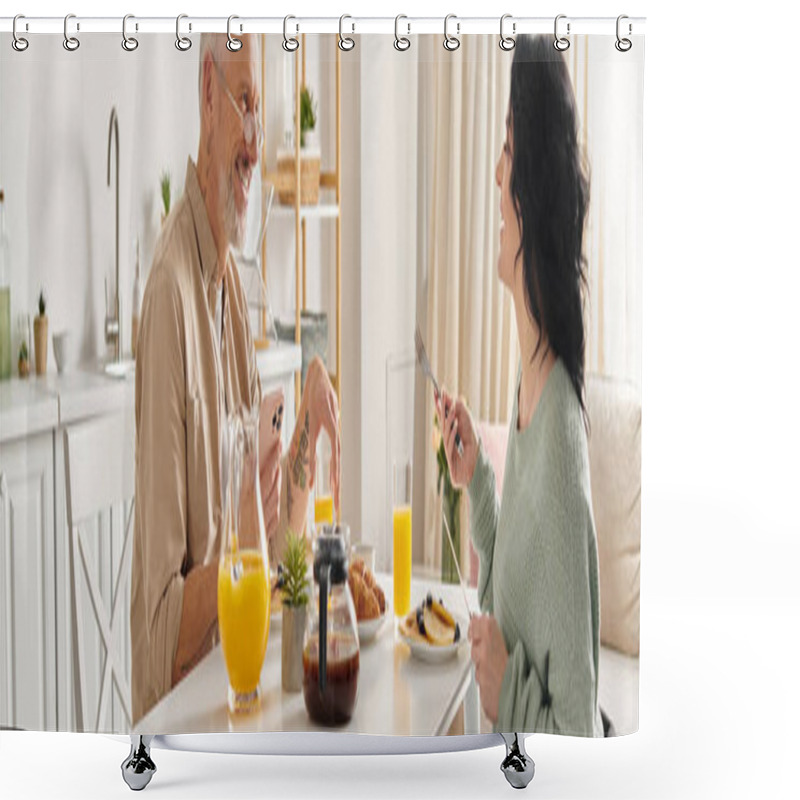 Personality  A Man And A Disabled Woman In A Wheelchair Share A Peaceful Morning Meal At A Cozy Kitchen Table In Their Home. Shower Curtains