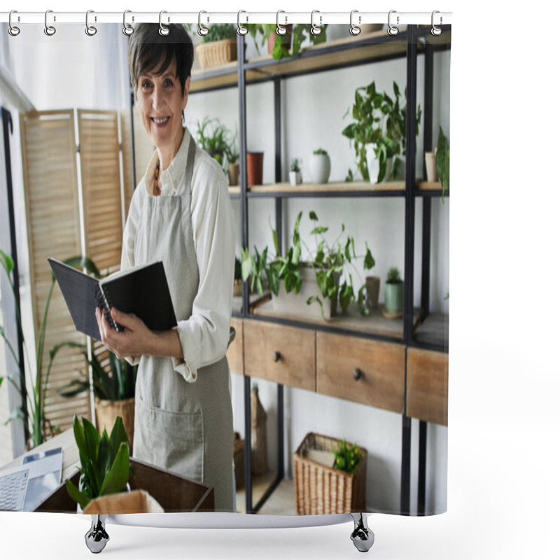 Personality  A Gardener Delights In Caring For Her Green Plants Within A Cozy Studio. Shower Curtains