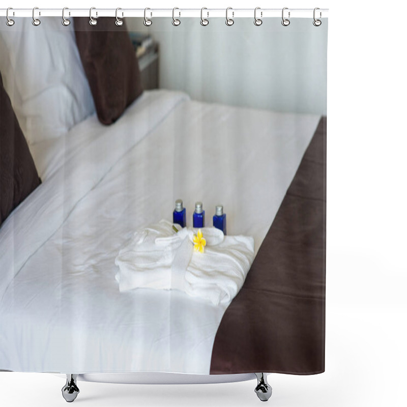 Personality  Bathroom Amenities With Bathrobe On Bed Shower Curtains