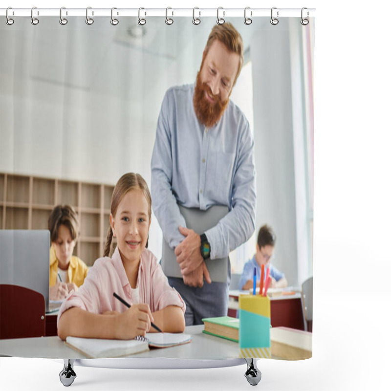 Personality  A Man Teacher In A Classroom Standing Beside A Little Girl, Both Engaged In Learning And Teaching. Shower Curtains