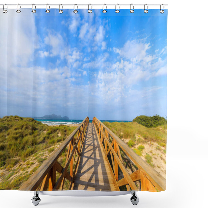 Personality  Wooden Footbridge Sand Beach Sea Clouds Blue Sky, Can Picafort, Majorca, Spain Shower Curtains