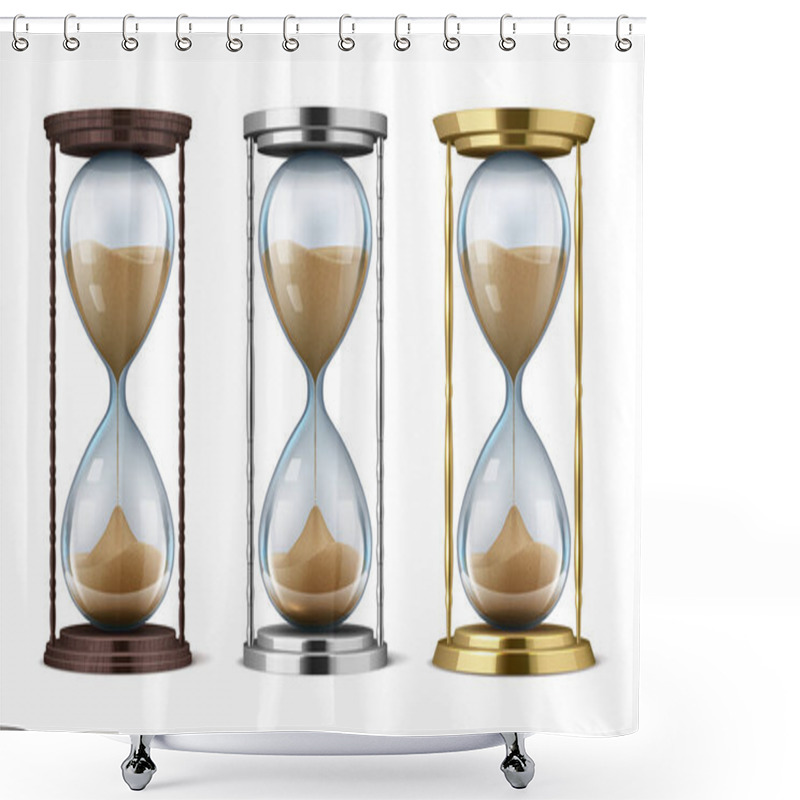 Personality  Hourglass. Wooden, Golden And Metal Realistic Sand Clock Isolated On Background, Time Management Concept And Interior Decorative Vector Element Shower Curtains