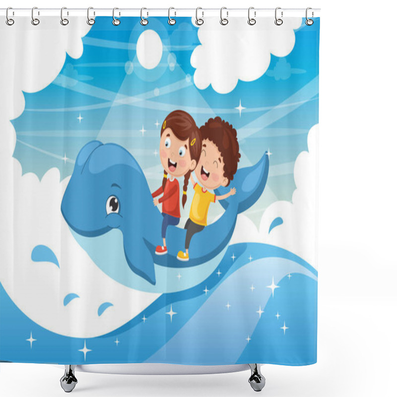 Personality  Vector Illustration Of Kids Riding Whale Shower Curtains