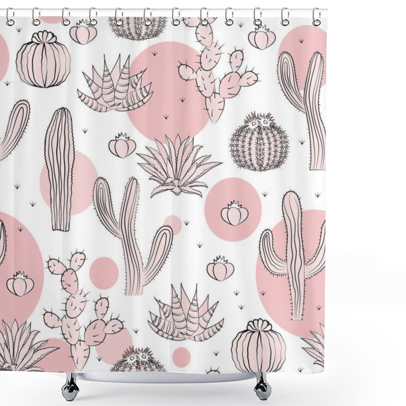 Personality  Seamless Pattern With Cactus. Wild Cactus Forest With Doodle Circles. Stylish Pink, Black, And White Palette. Vector Shower Curtains