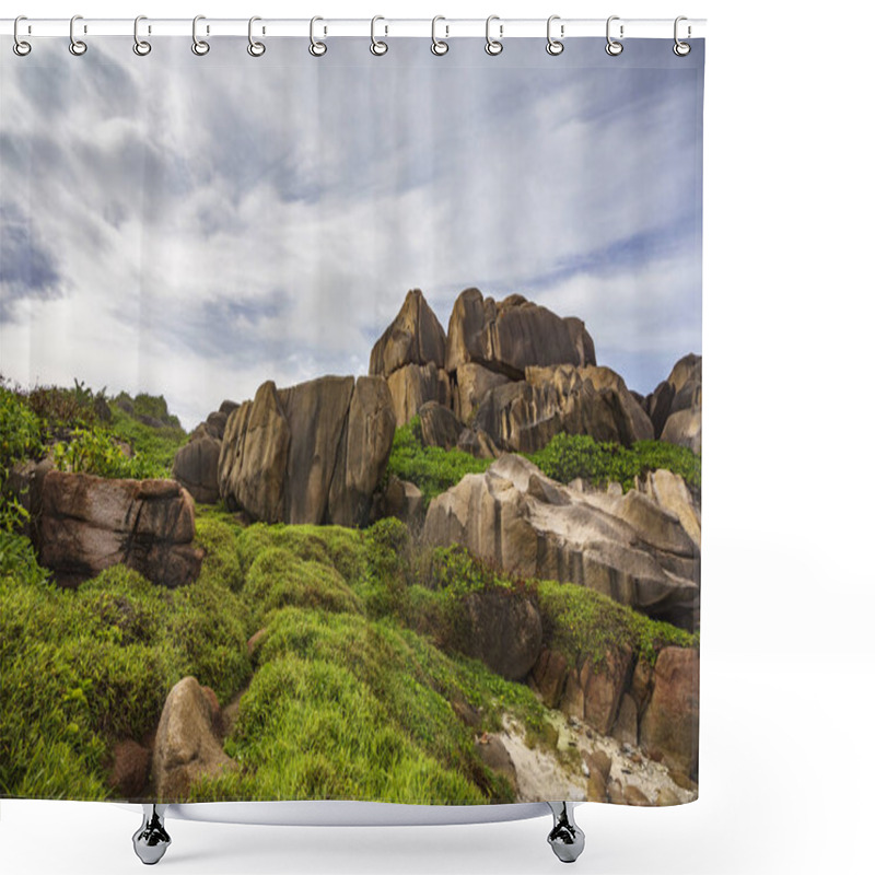 Personality  Rough And Wild Rocky Coastline At Anse Songe, La Digue, Seychell Shower Curtains