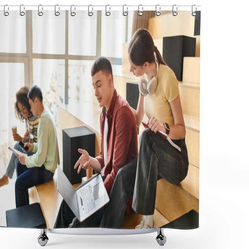 Personality  A Multicultural Group Of Students Relaxes And Converses While Seated Atop A Staircase In An Urban Setting Shower Curtains