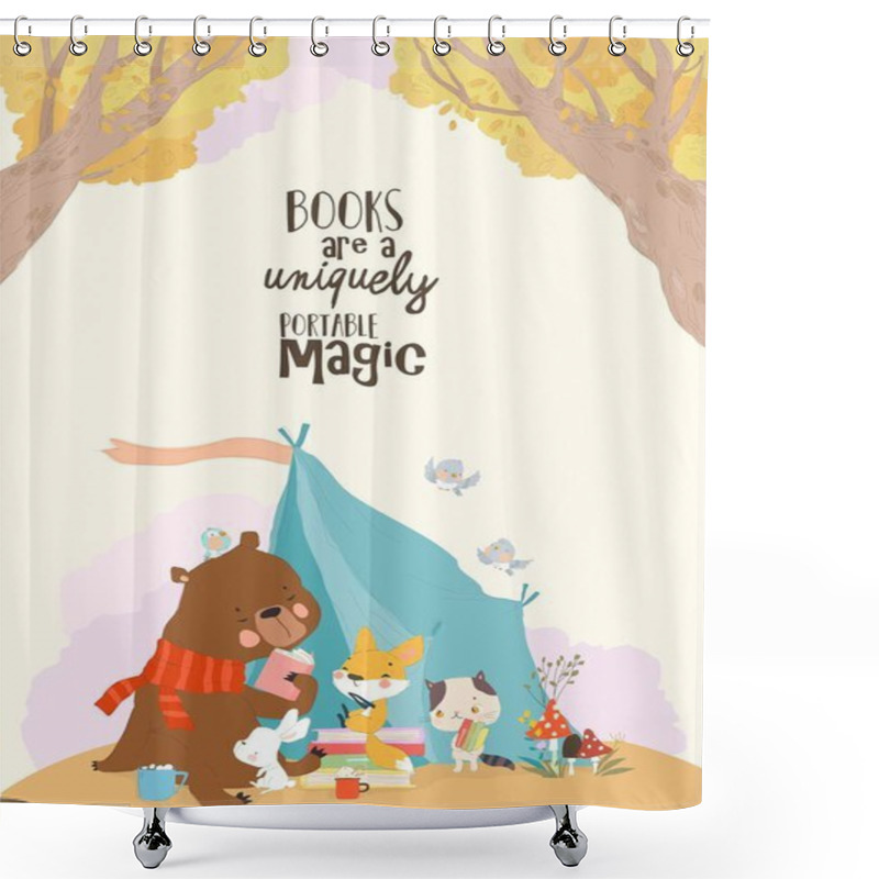 Personality  Cartoon Funny Animals Reading Book In A Teepee Tent. Vector Illustration Shower Curtains