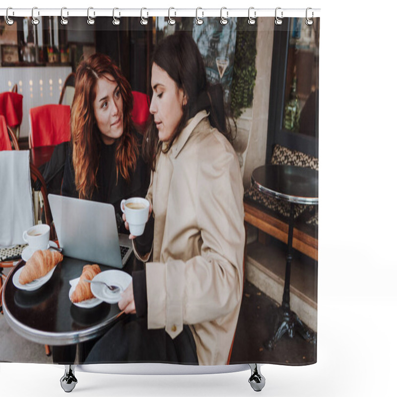 Personality  French Business Couple Of Women Friends Working And Using Laptop At Coffee Shop In Winter In An Urban City In Europe, Cold Weather  Shower Curtains