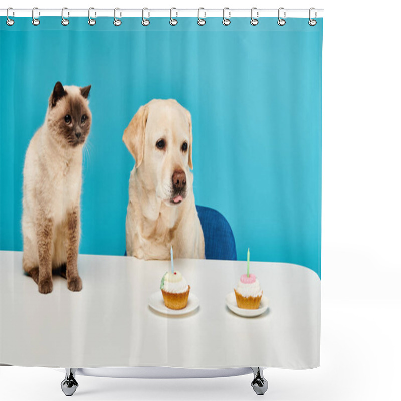 Personality  A Cat And A Dog Sit At A Table, Happily Enjoying Cupcakes Together In A Whimsical And Heartwarming Scene. Shower Curtains