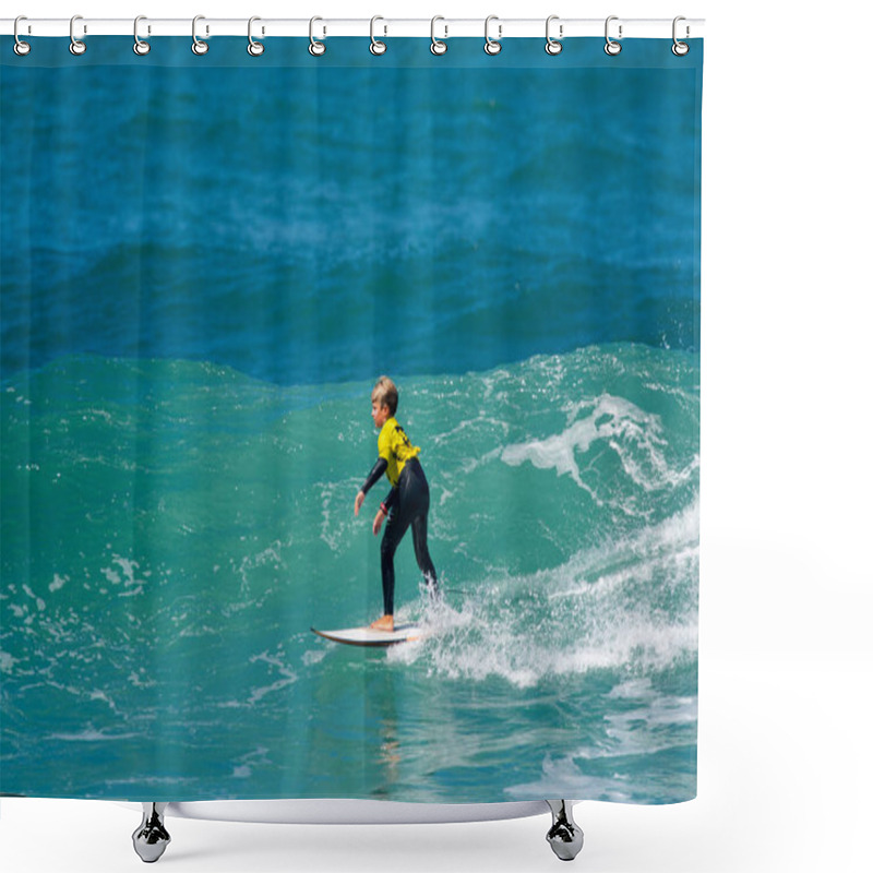 Personality  Surfer In Ribeira De Ilhas Beach In Ericeira Portugal. Shower Curtains