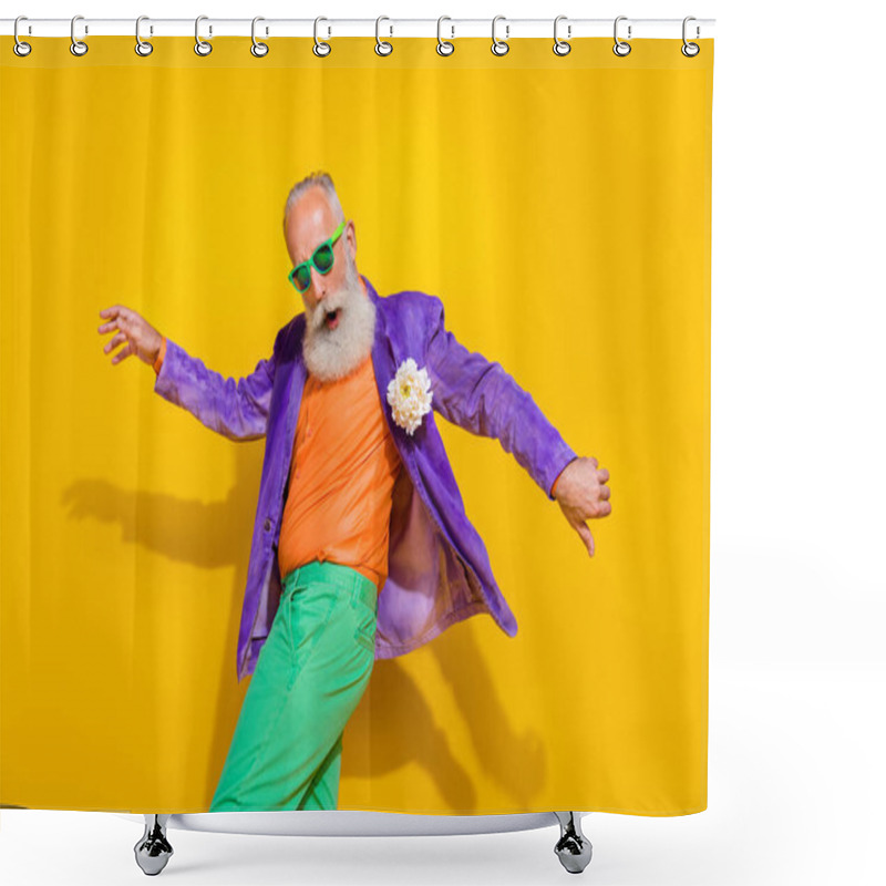 Personality  Photo Of Funny Charming Man Wear Purple Velvet Jacket Having Fun Discotheque Isolated Yellow Color Background. Shower Curtains