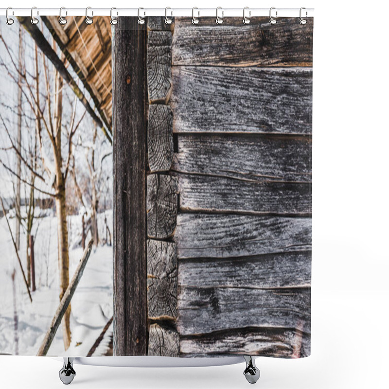 Personality  Old Weathered Wooden House And Trees With Snow At Daytime Shower Curtains