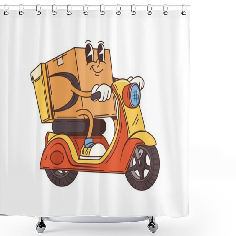 Personality  Groovy Delivery Cardboard Box Package Cartoon Character Riding A Scooter. Vector Funny Parcel Driving A Moped. Smiling Pack Retro Personage Shipping Cargo To Customer With Speed Mail Or Post Service Shower Curtains