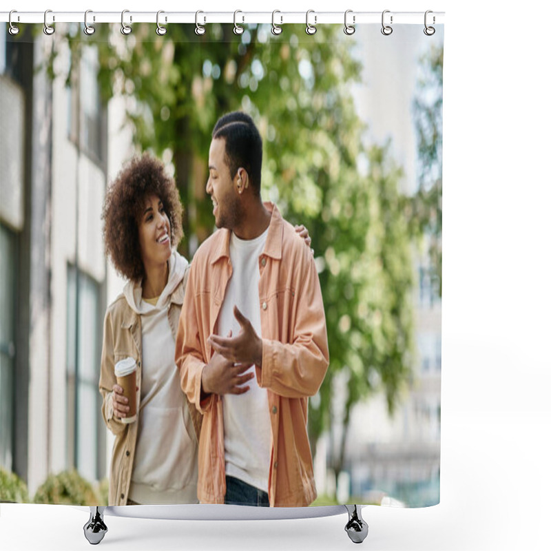 Personality  A Happy African American Couple Walks Down The Street, Using Sign Language To Communicate. Shower Curtains