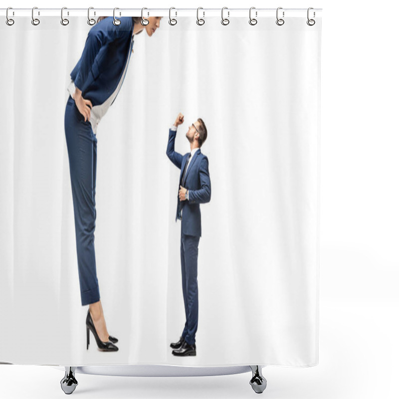 Personality  Small Businessman Showing Clenched Fist At Big Businesswoman Isolated On White Shower Curtains